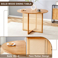 Charming Solid Wood Round Table With Modern Imitation Rattan Design - Perfect For Dining Room, Living Room, Or Office