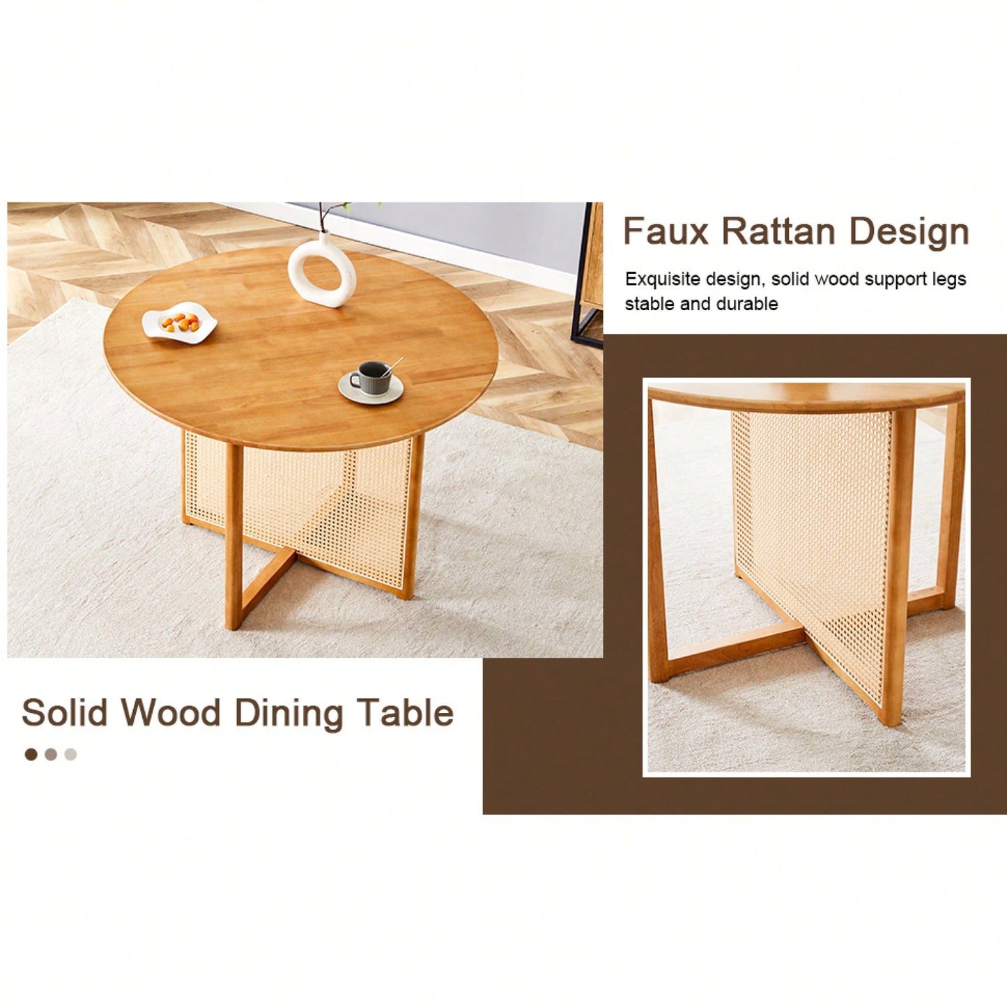 Charming Solid Wood Round Table With Modern Imitation Rattan Design - Perfect For Dining Room, Living Room, Or Office