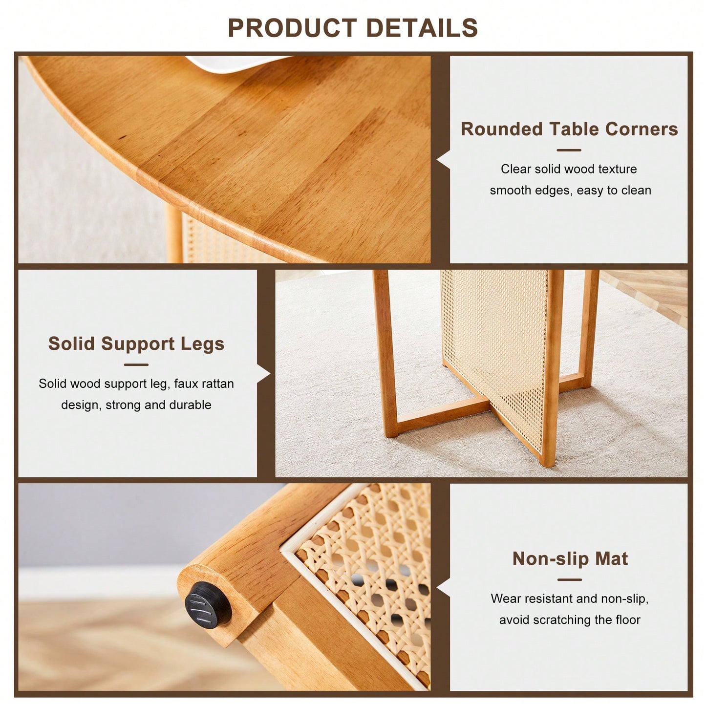 Charming Solid Wood Round Table With Modern Imitation Rattan Design - Perfect For Dining Room, Living Room, Or Office