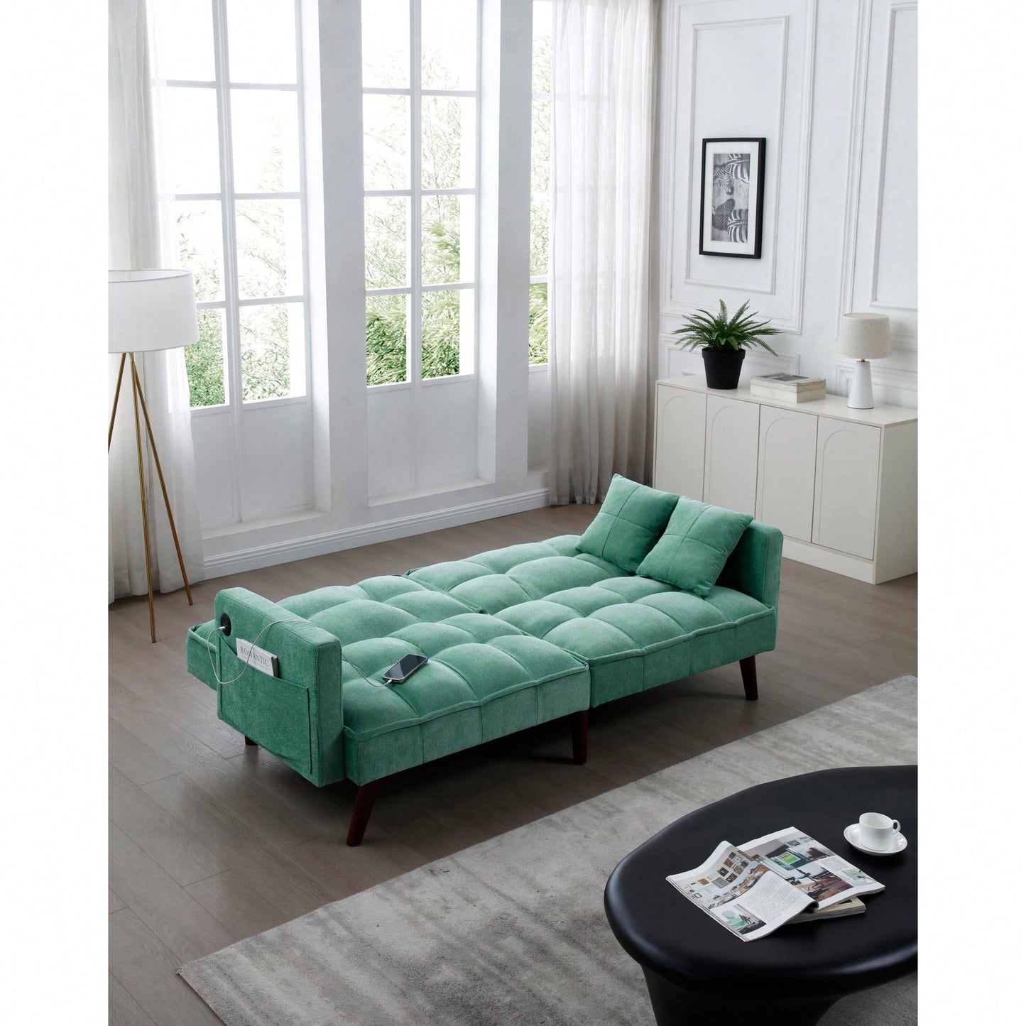 Stylish Green Chenille Sofa Bed with USB Charging Port for Living Room Bedroom Office Spaces