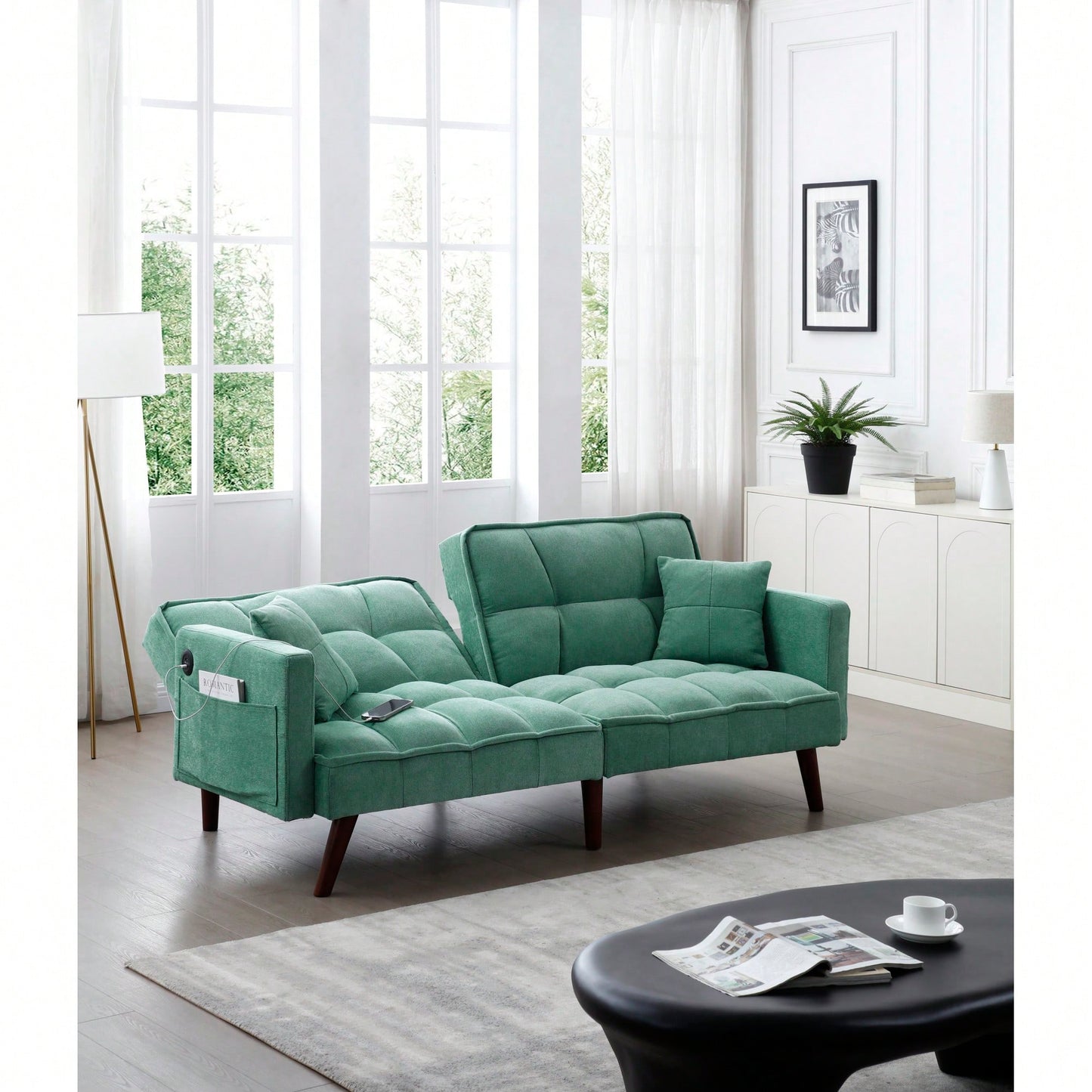 Stylish Green Chenille Sofa Bed with USB Charging Port for Living Room Bedroom Office Spaces