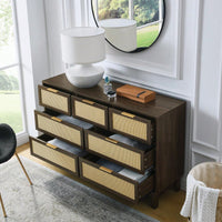 Modern 7-Drawer Rattan Dresser - Stylish Wooden Chest For Spacious Bedroom, Hallway, Or Living Room Storage