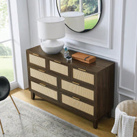 Modern 7-Drawer Rattan Dresser - Stylish Wooden Chest For Spacious Bedroom, Hallway, Or Living Room Storage