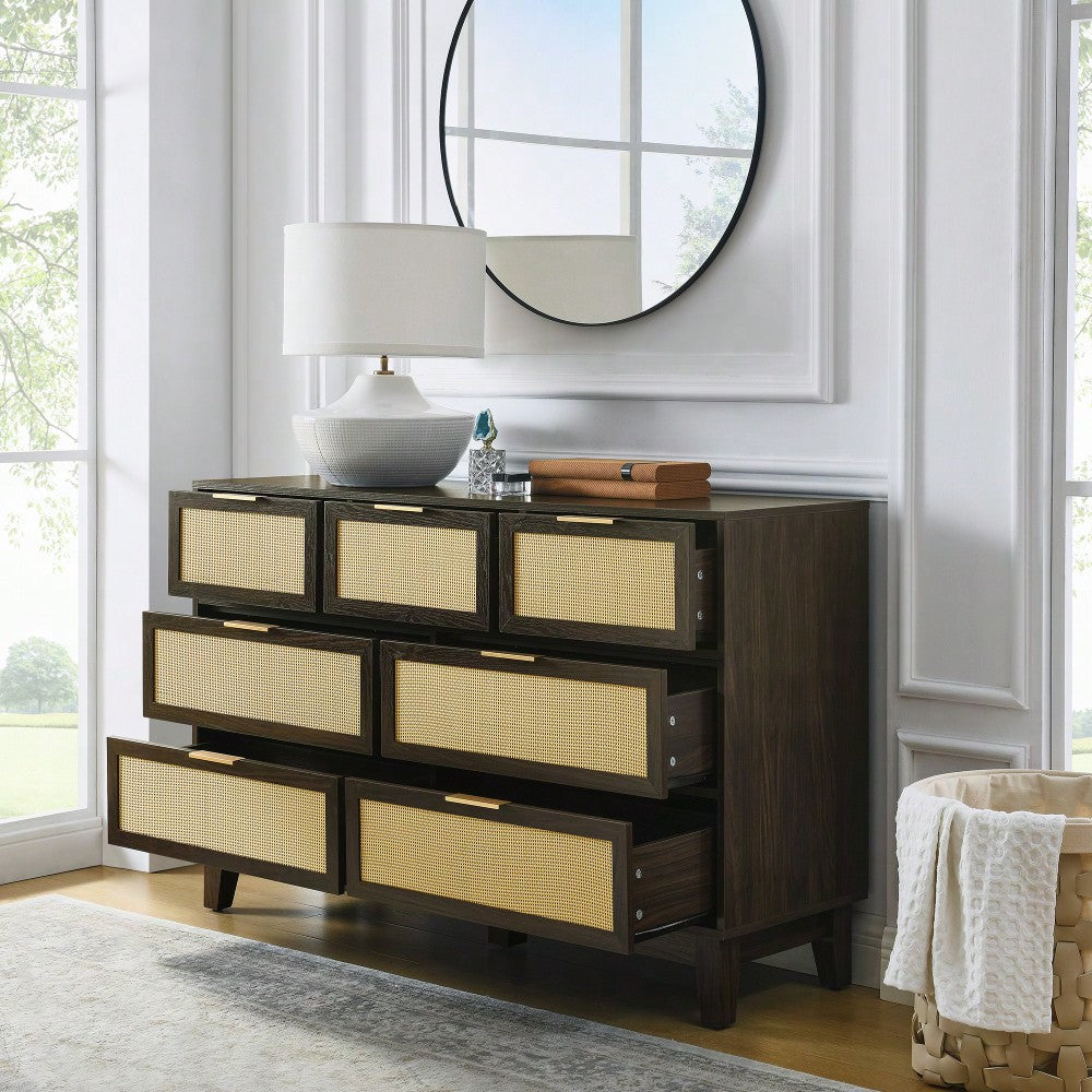 Modern 7-Drawer Rattan Dresser - Stylish Wooden Chest For Spacious Bedroom, Hallway, Or Living Room Storage