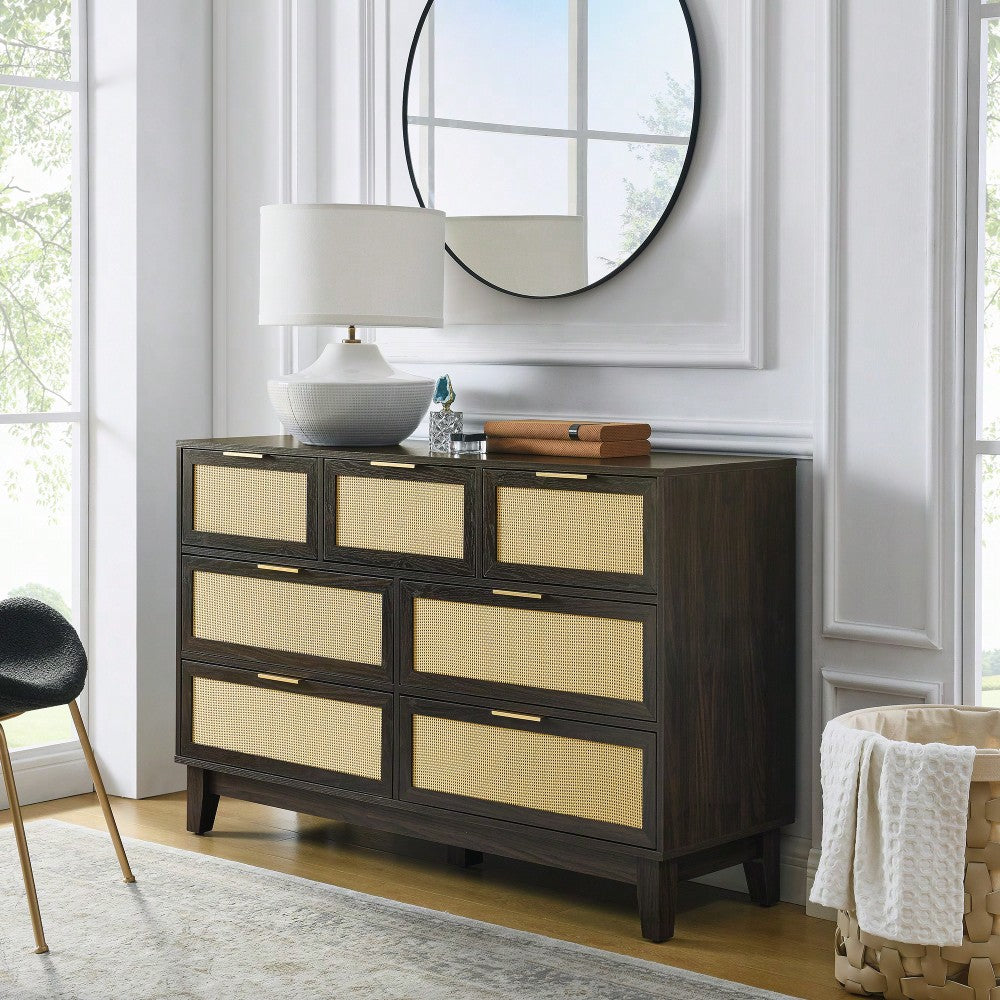 Modern 7-Drawer Rattan Dresser - Stylish Wooden Chest For Spacious Bedroom, Hallway, Or Living Room Storage