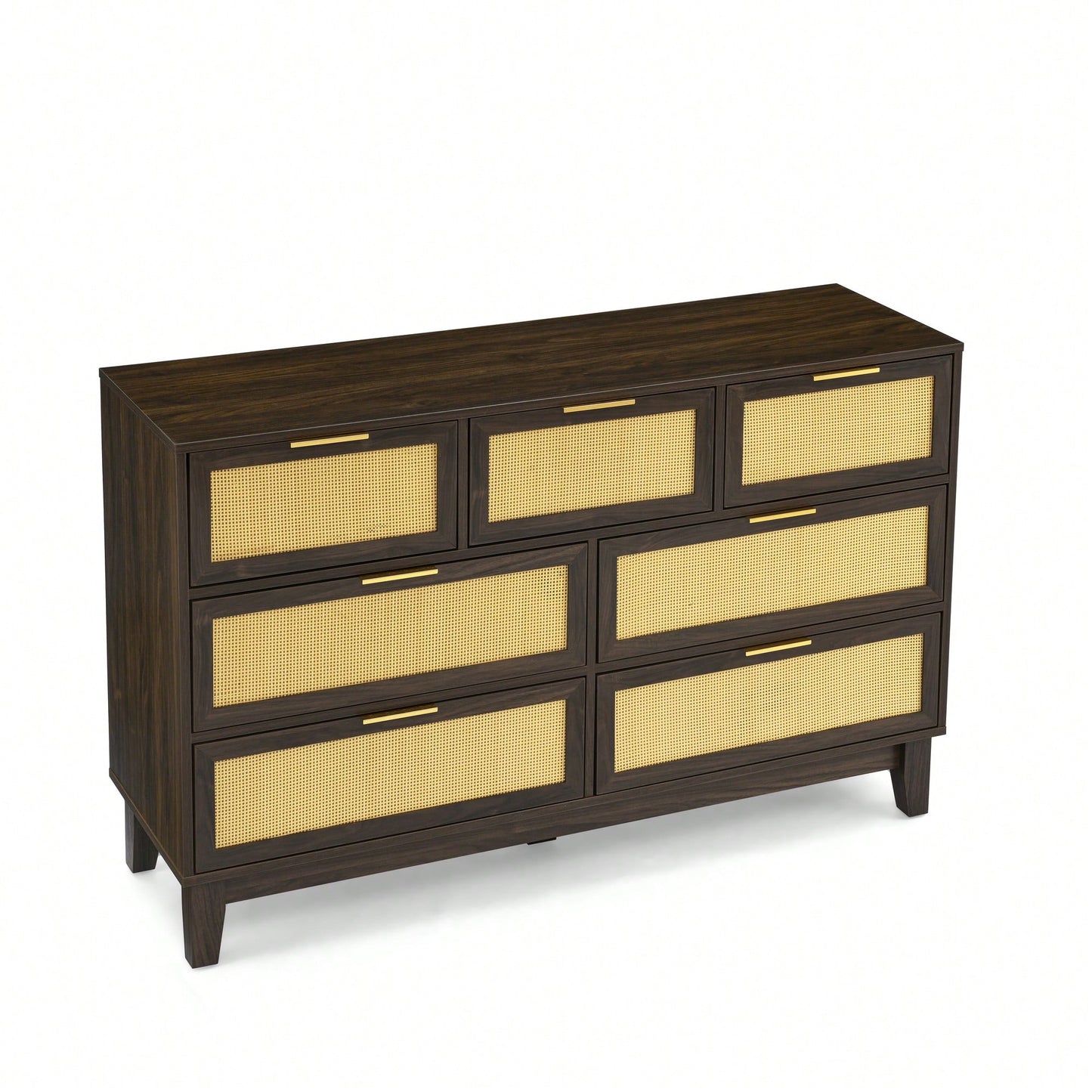 Modern 7-Drawer Rattan Dresser - Stylish Wooden Chest For Spacious Bedroom, Hallway, Or Living Room Storage