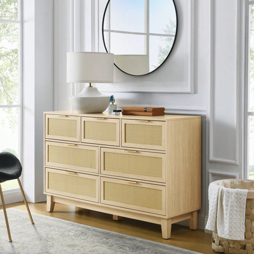 Modern 7-Drawer Rattan Dresser - Stylish Wooden Chest For Spacious Bedroom, Hallway, Or Living Room Storage