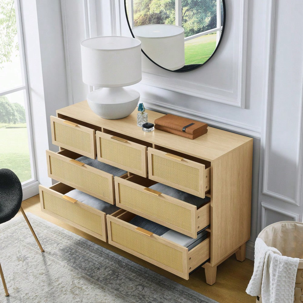 Modern 7-Drawer Rattan Dresser - Stylish Wooden Chest For Spacious Bedroom, Hallway, Or Living Room Storage