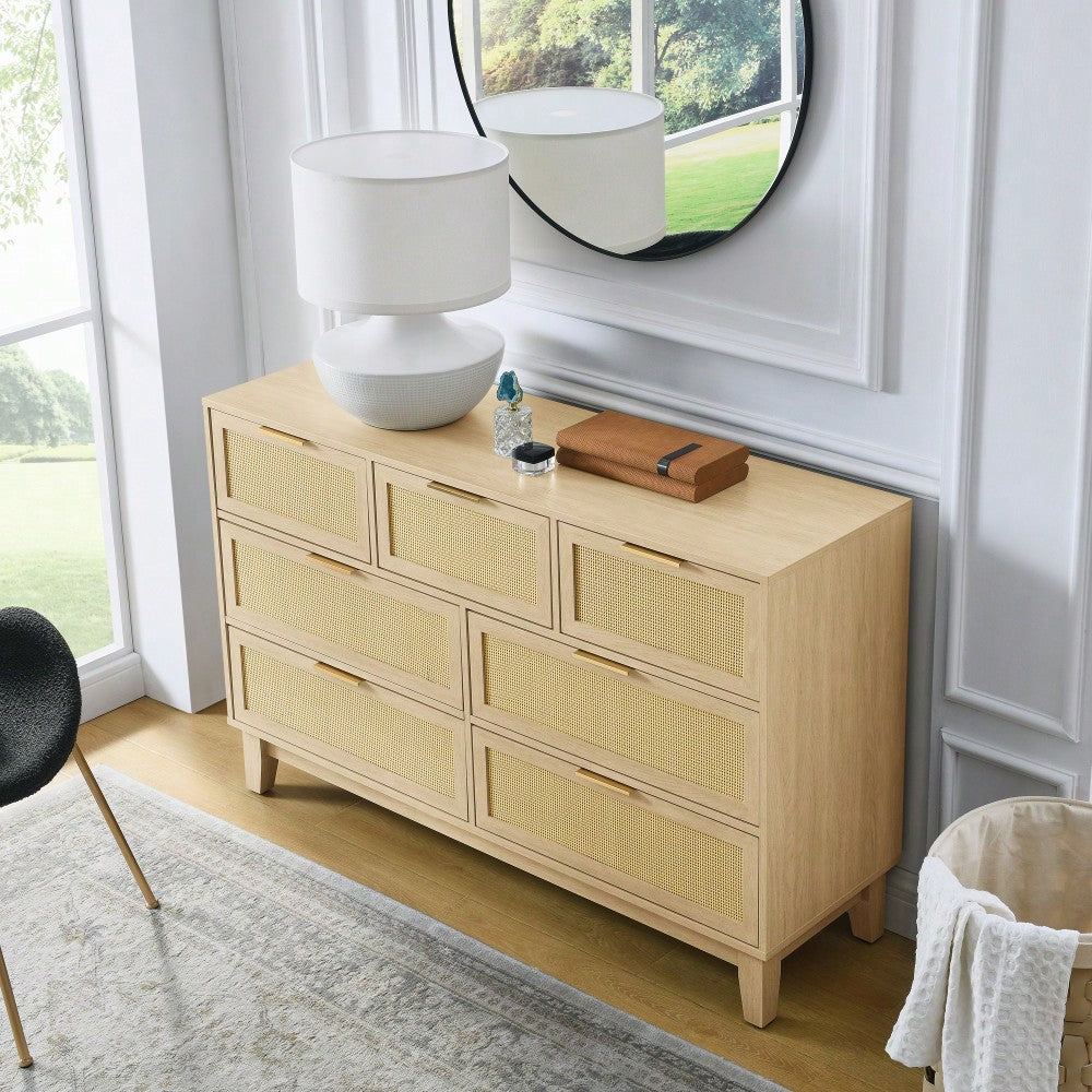 Modern 7-Drawer Rattan Dresser - Stylish Wooden Chest For Spacious Bedroom, Hallway, Or Living Room Storage