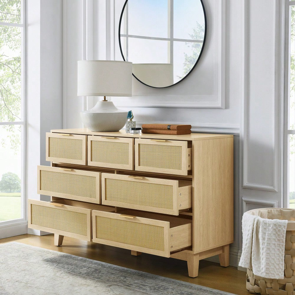 Modern 7-Drawer Rattan Dresser - Stylish Wooden Chest For Spacious Bedroom, Hallway, Or Living Room Storage