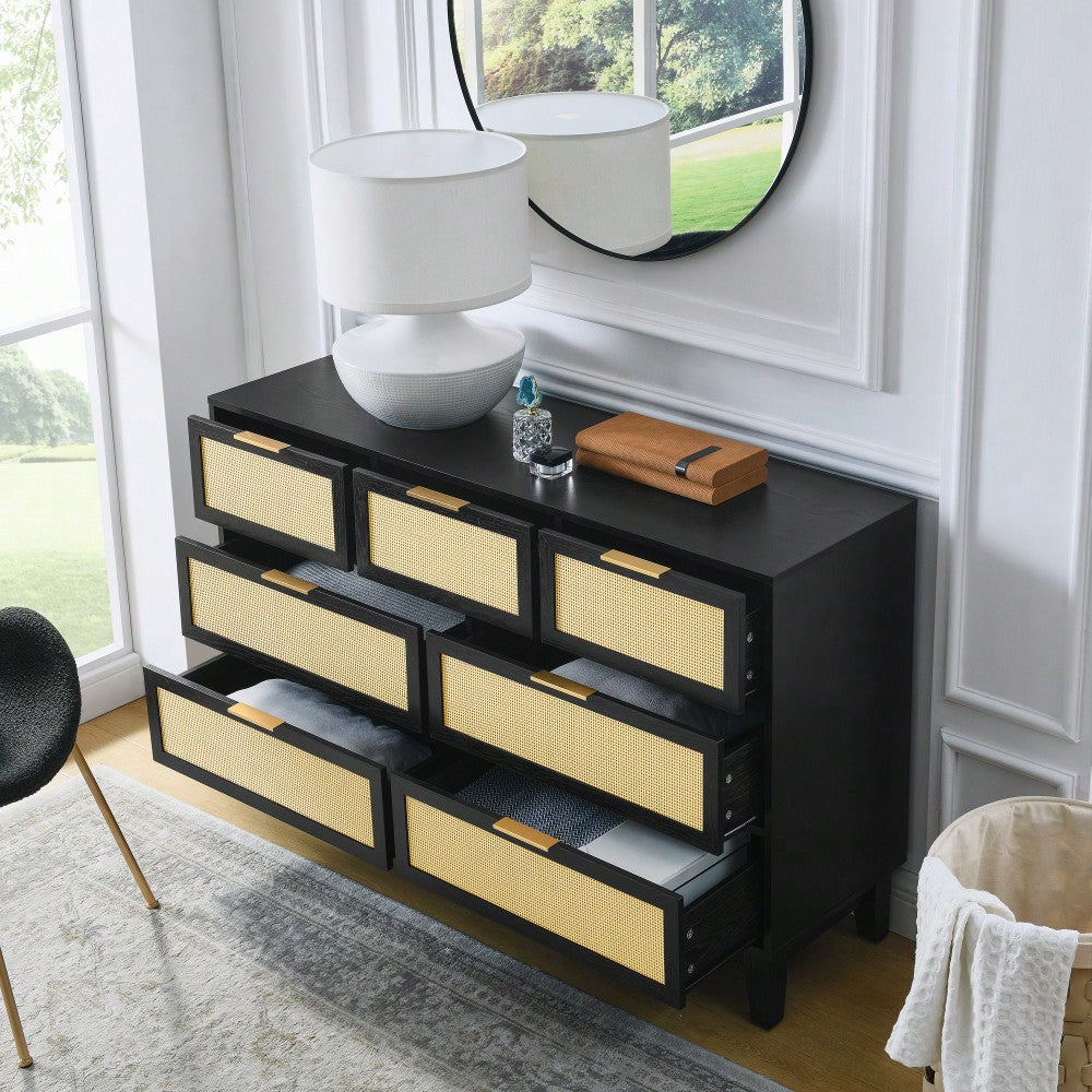 Modern 7-Drawer Rattan Dresser - Stylish Wooden Chest For Spacious Bedroom, Hallway, Or Living Room Storage