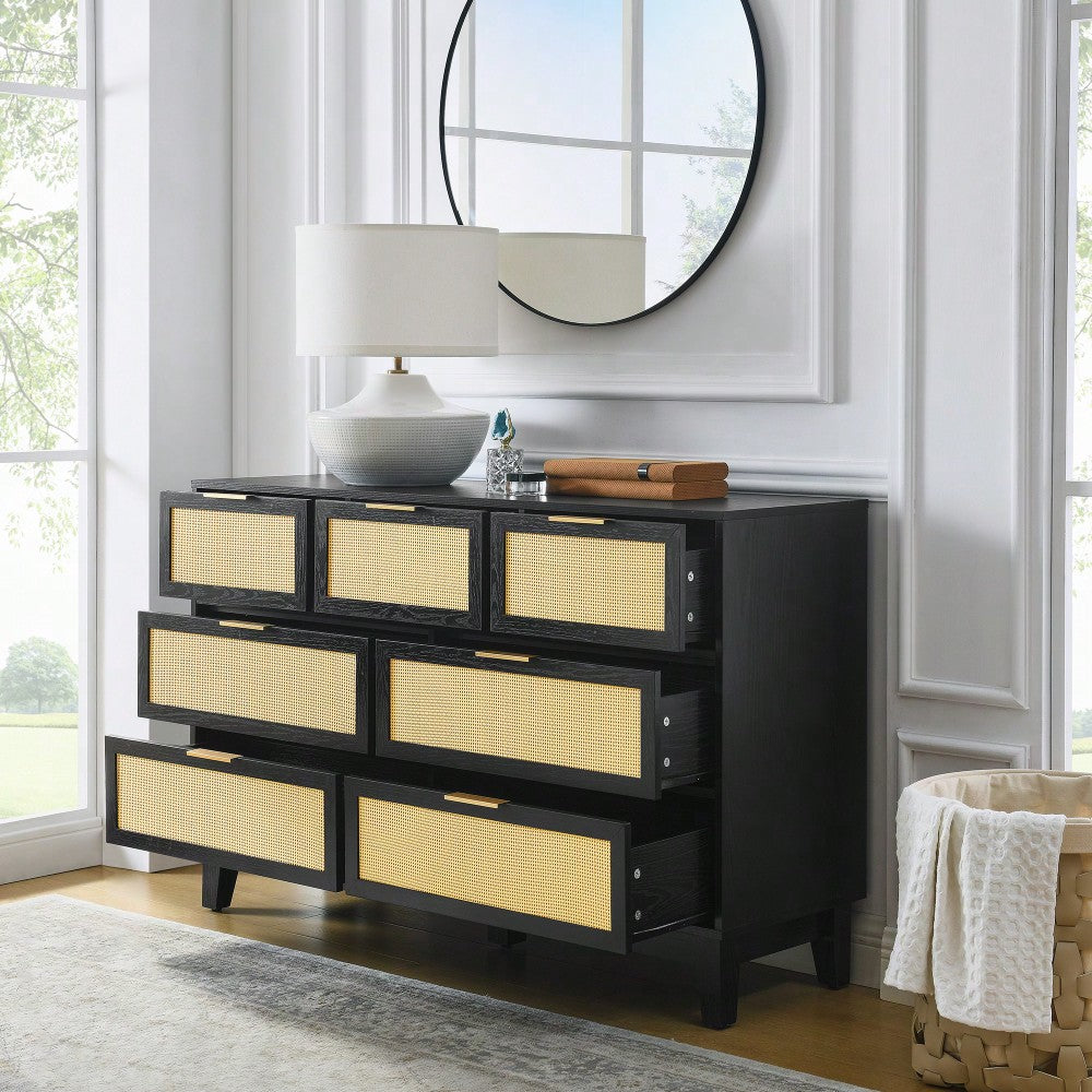 Modern 7-Drawer Rattan Dresser - Stylish Wooden Chest For Spacious Bedroom, Hallway, Or Living Room Storage