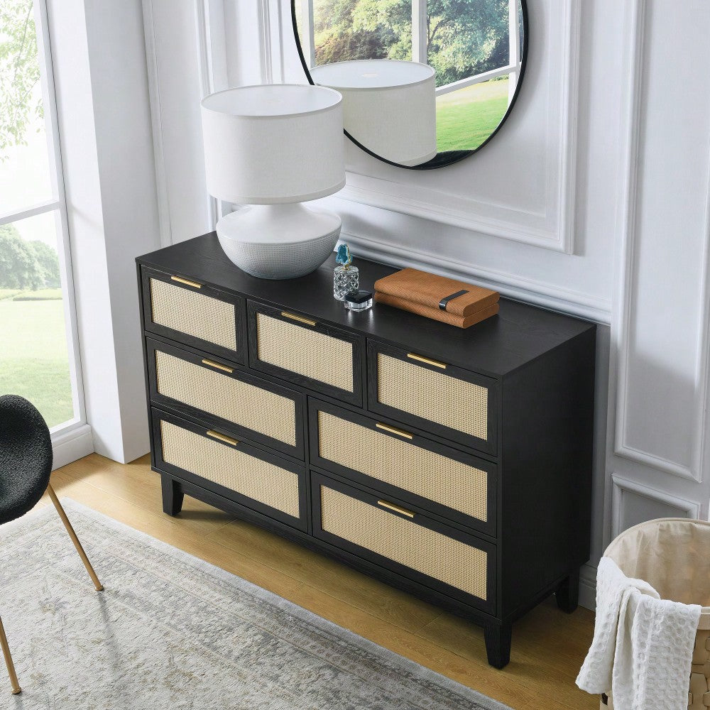 Modern 7-Drawer Rattan Dresser - Stylish Wooden Chest For Spacious Bedroom, Hallway, Or Living Room Storage