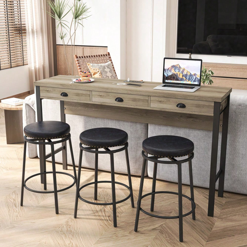 Modern 3-Drawer Dining Table Set with Power Outlets and Circular PU Stools for Kitchen or Bar in Brown Gray and Black