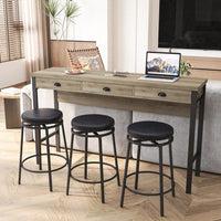 Modern 3-Drawer Dining Table Set with Power Outlets and Circular PU Stools for Kitchen or Bar in Brown Gray and Black