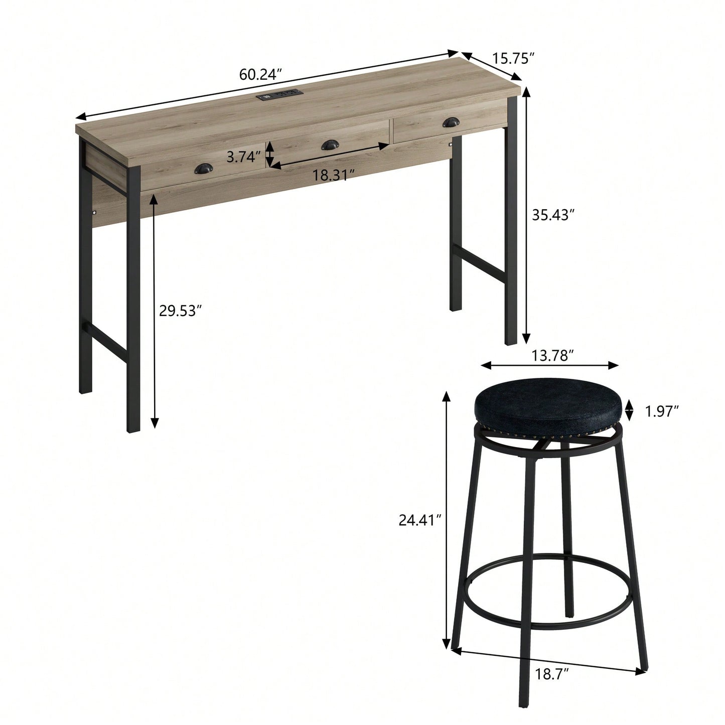 Modern 3-Drawer Dining Table Set with Power Outlets and Circular PU Stools for Kitchen or Bar in Brown Gray and Black