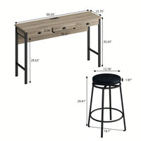 Modern 3-Drawer Dining Table Set with Power Outlets and Circular PU Stools for Kitchen or Bar in Brown Gray and Black