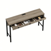 Modern 3-Drawer Dining Table Set with Power Outlets and Circular PU Stools for Kitchen or Bar in Brown Gray and Black