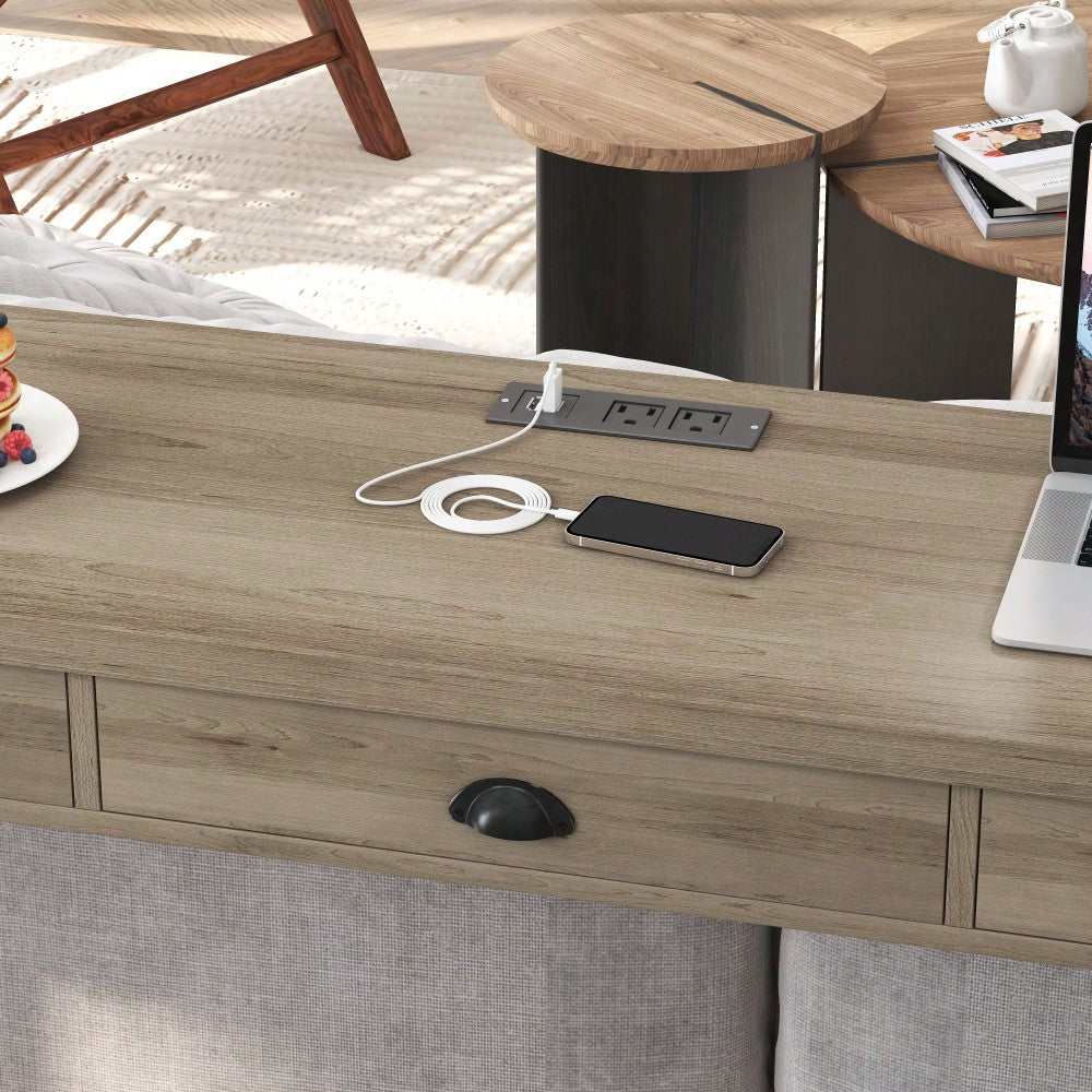 Modern 3-Drawer Dining Table Set with Power Outlets and Circular PU Stools for Kitchen or Bar in Brown Gray and Black