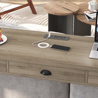 Modern 3-Drawer Dining Table Set with Power Outlets and Circular PU Stools for Kitchen or Bar in Brown Gray and Black