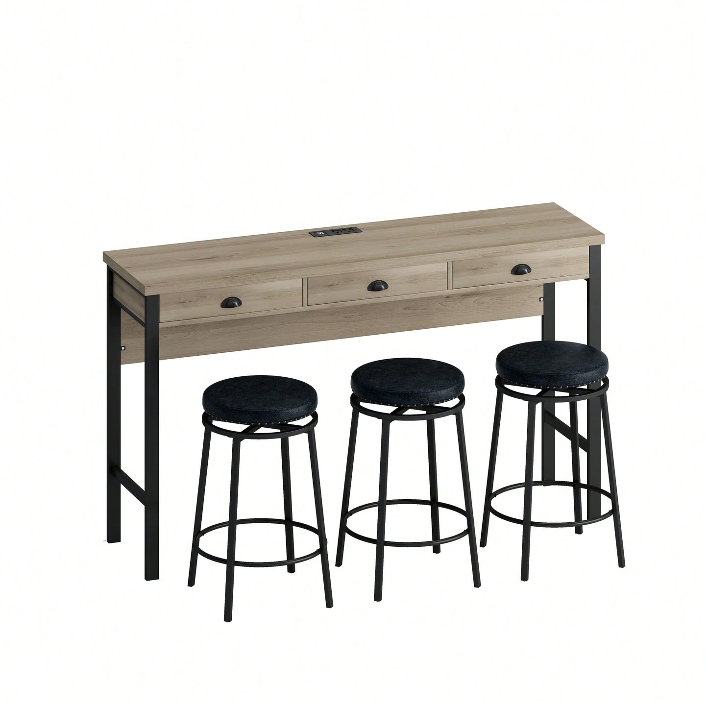 Modern 3-Drawer Dining Table Set with Power Outlets and Circular PU Stools for Kitchen or Bar in Brown Gray and Black