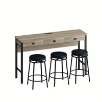 Modern 3-Drawer Dining Table Set with Power Outlets and Circular PU Stools for Kitchen or Bar in Brown Gray and Black