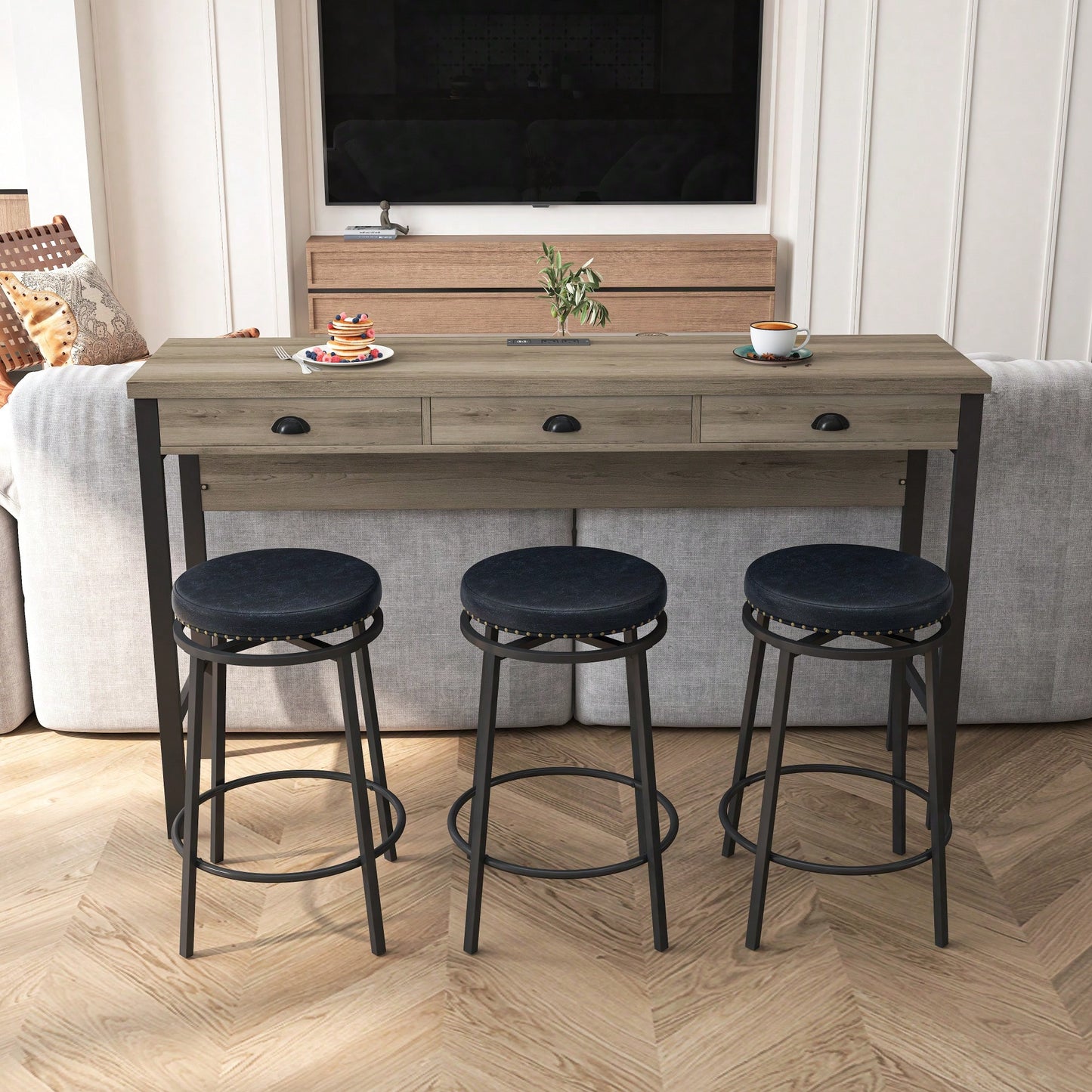 Modern 3-Drawer Dining Table Set with Power Outlets and Circular PU Stools for Kitchen or Bar in Brown Gray and Black