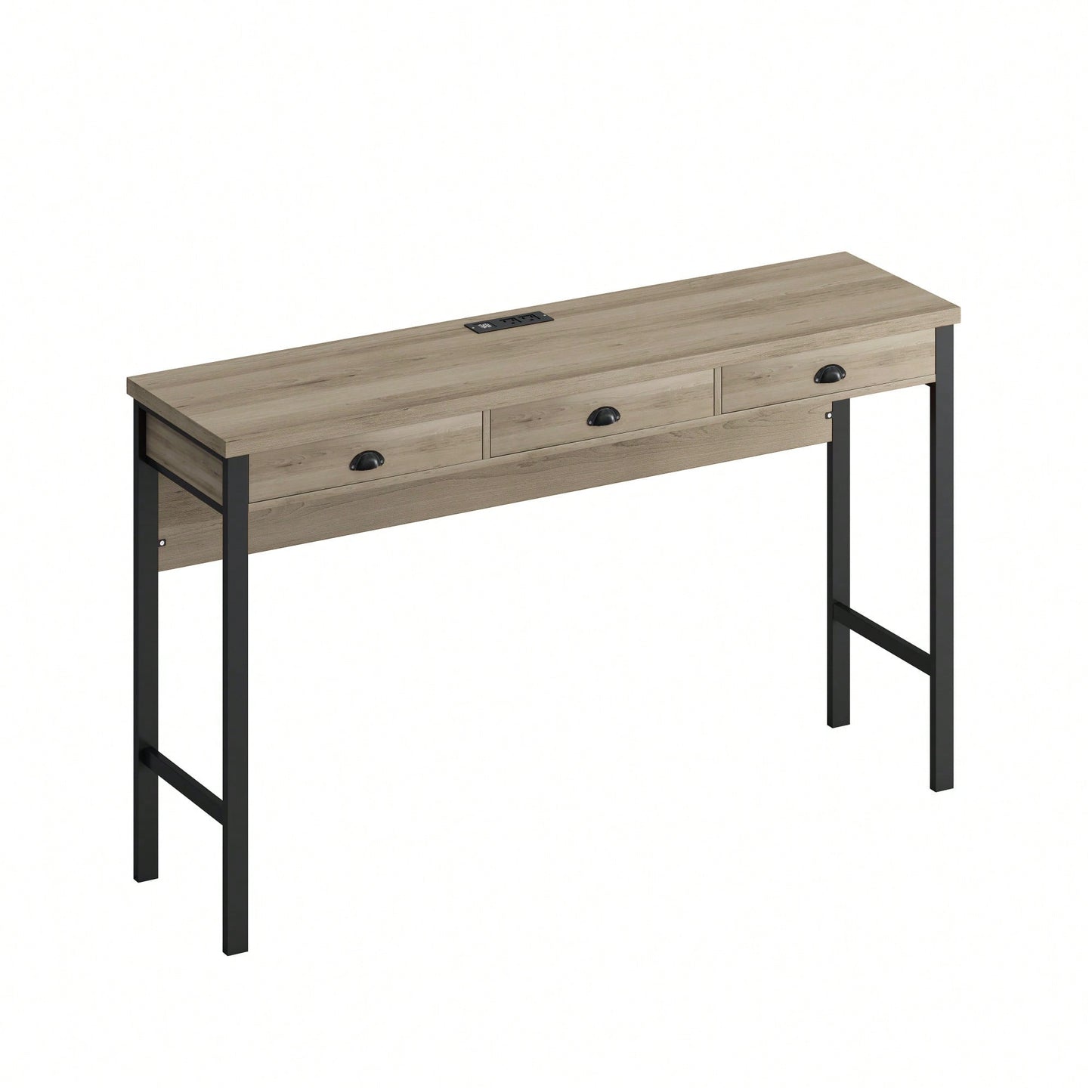 Modern 3-Drawer Dining Table Set with Power Outlets and Circular PU Stools for Kitchen or Bar in Brown Gray and Black