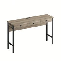 Modern 3-Drawer Dining Table Set with Power Outlets and Circular PU Stools for Kitchen or Bar in Brown Gray and Black