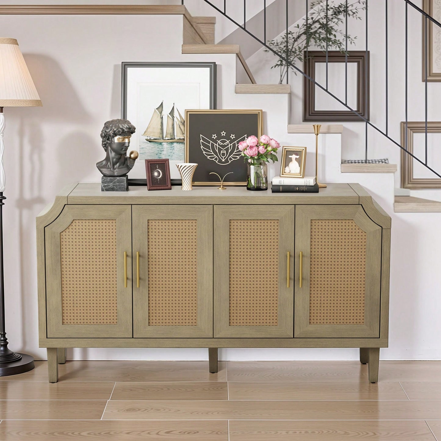 Modern 4-Door Rattan Cabinet For Living Room, Bedroom, And Office - Stylish Storage Solution With Easy Assembly