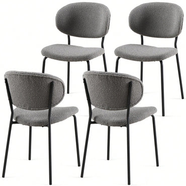 Set Of 4 Beige Boucle Fabric Dining Chairs With Black Metal Legs - Modern Armless Kitchen Chairs For Dining And Living Rooms