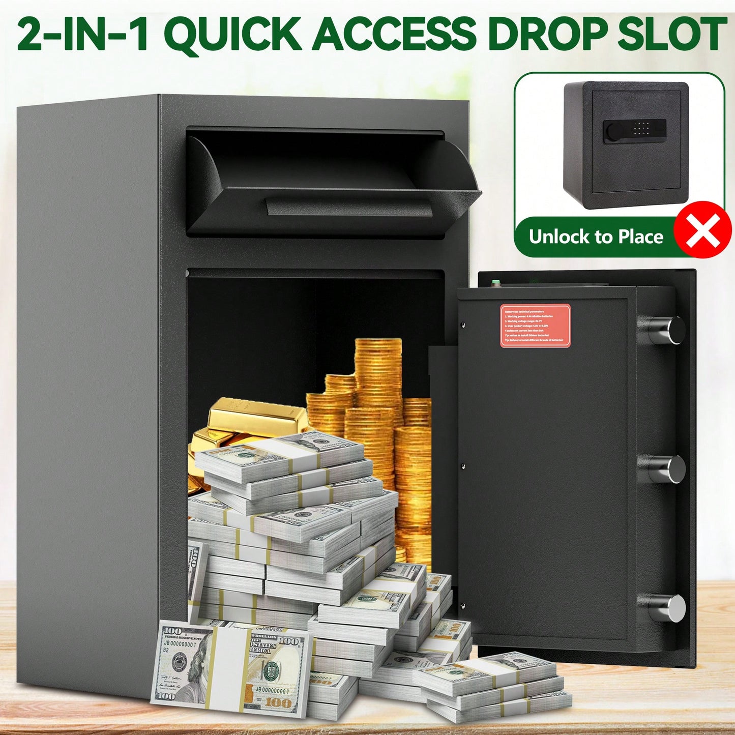 Secure Drop Safe With Digital Lock And Anti-Fishing Feature - Silent Deposit Box For Cash Slips And Business Expenses At Home Or Office