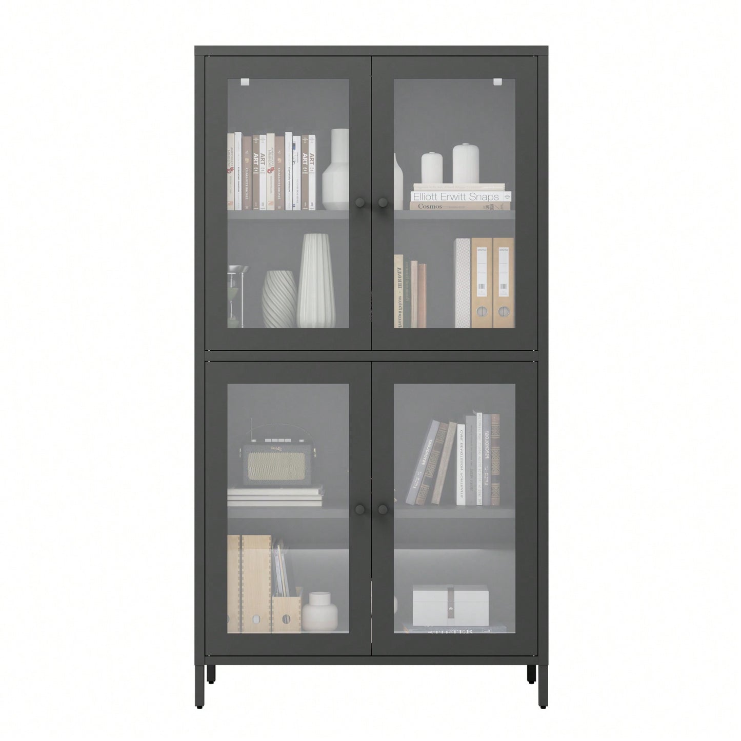 Elegant Black Metal Display Cabinet With 4 Glass Doors And Shelves For Home, Office, Or Living Spaces - Tempered Glass Design