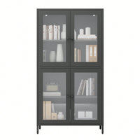 Elegant Black Metal Display Cabinet With 4 Glass Doors And Shelves For Home, Office, Or Living Spaces - Tempered Glass Design