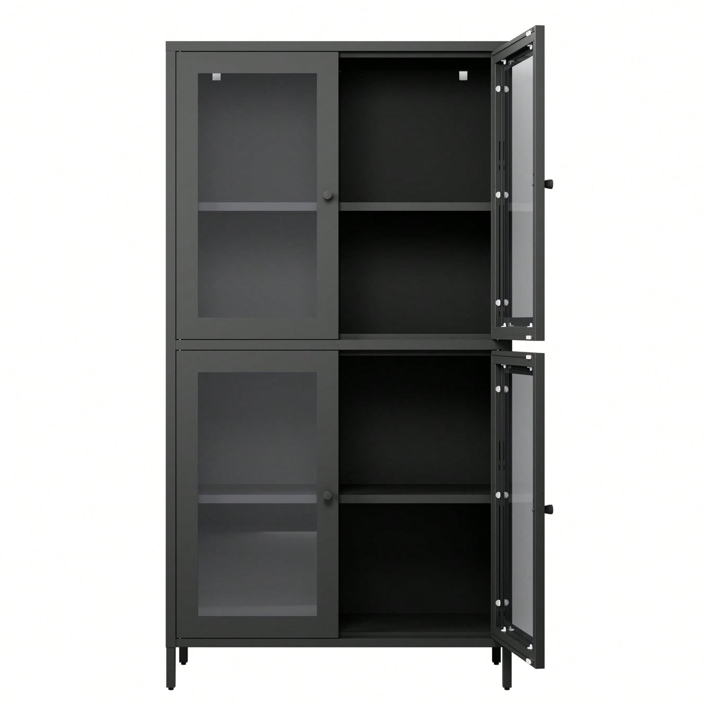 Elegant Black Metal Display Cabinet With 4 Glass Doors And Shelves For Home, Office, Or Living Spaces - Tempered Glass Design