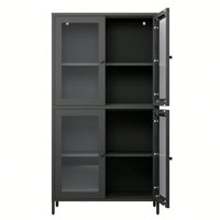 Elegant Black Metal Display Cabinet With 4 Glass Doors And Shelves For Home, Office, Or Living Spaces - Tempered Glass Design