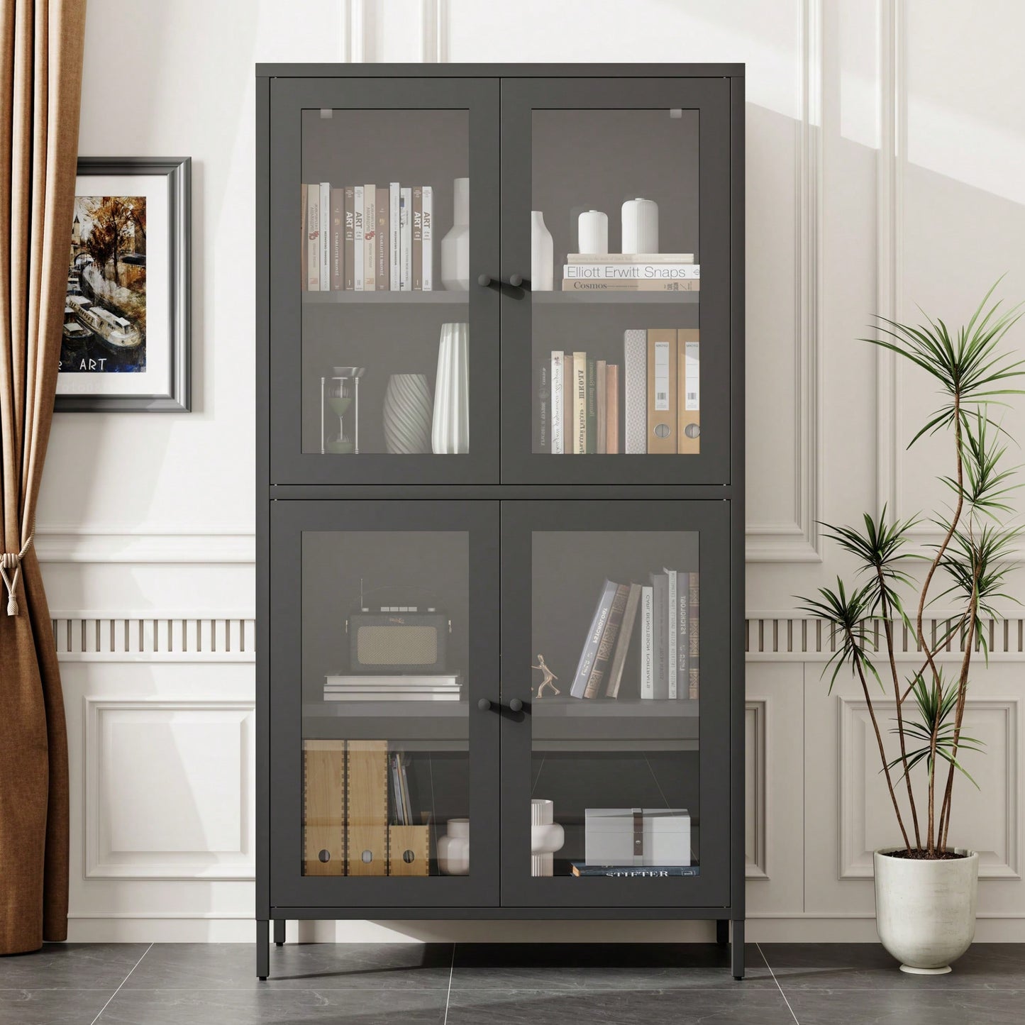 Elegant Black Metal Display Cabinet With 4 Glass Doors And Shelves For Home, Office, Or Living Spaces - Tempered Glass Design
