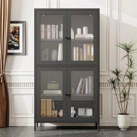 Elegant Black Metal Display Cabinet With 4 Glass Doors And Shelves For Home, Office, Or Living Spaces - Tempered Glass Design