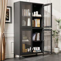 Elegant Black Metal Display Cabinet With 4 Glass Doors And Shelves For Home, Office, Or Living Spaces - Tempered Glass Design
