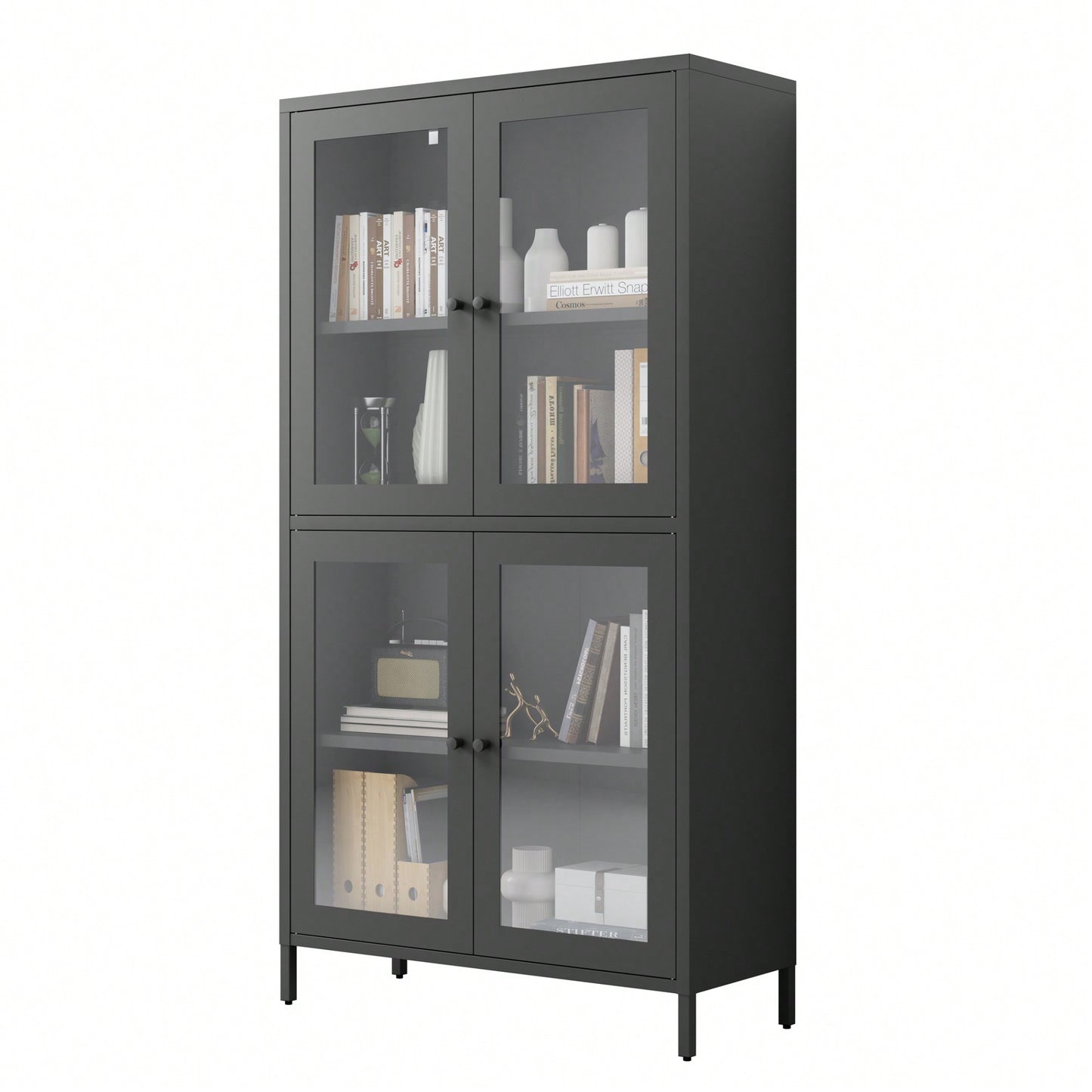 Elegant Black Metal Display Cabinet With 4 Glass Doors And Shelves For Home, Office, Or Living Spaces - Tempered Glass Design