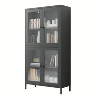 Elegant Black Metal Display Cabinet With 4 Glass Doors And Shelves For Home, Office, Or Living Spaces - Tempered Glass Design