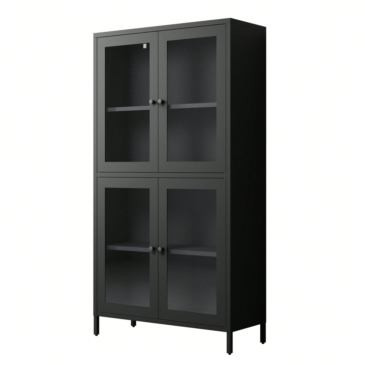 Elegant Black Metal Display Cabinet With 4 Glass Doors And Shelves For Home, Office, Or Living Spaces - Tempered Glass Design