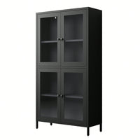 Elegant Black Metal Display Cabinet With 4 Glass Doors And Shelves For Home, Office, Or Living Spaces - Tempered Glass Design