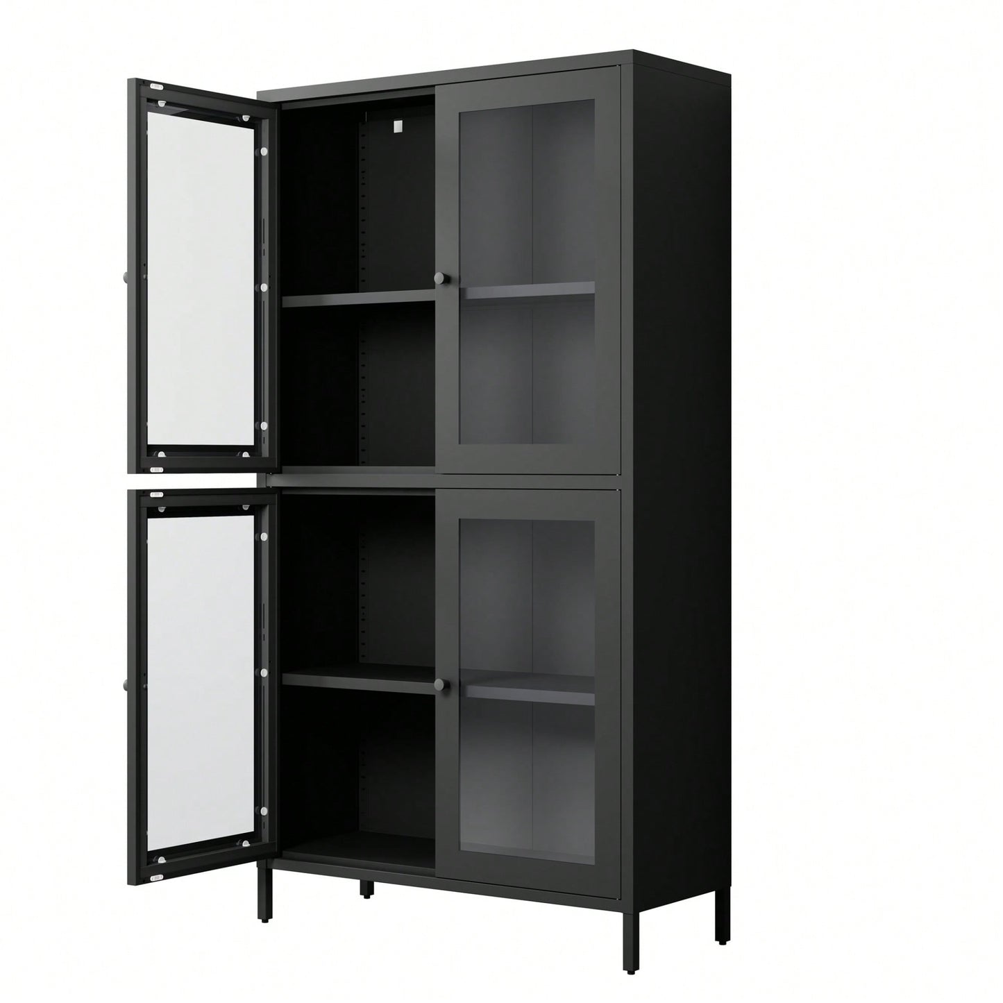 Elegant Black Metal Display Cabinet With 4 Glass Doors And Shelves For Home, Office, Or Living Spaces - Tempered Glass Design
