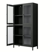 Elegant Black Metal Display Cabinet With 4 Glass Doors And Shelves For Home, Office, Or Living Spaces - Tempered Glass Design