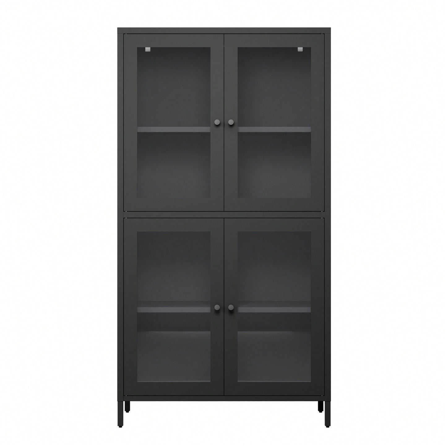 Elegant Black Metal Display Cabinet With 4 Glass Doors And Shelves For Home, Office, Or Living Spaces - Tempered Glass Design