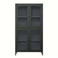 Elegant Black Metal Display Cabinet With 4 Glass Doors And Shelves For Home, Office, Or Living Spaces - Tempered Glass Design