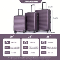 Lightweight 3-Piece ABS Luggage Set - Stylish Black Suitcases With Spinner Wheels, TSA Lock, And Hooks (20 / 24" / 28")"
