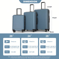 Lightweight 3-Piece ABS Luggage Set - Stylish Black Suitcases With Spinner Wheels, TSA Lock, And Hooks (20 / 24" / 28")"