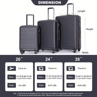 Lightweight 3-Piece ABS Luggage Set - Stylish Black Suitcases With Spinner Wheels, TSA Lock, And Hooks (20 / 24" / 28")"
